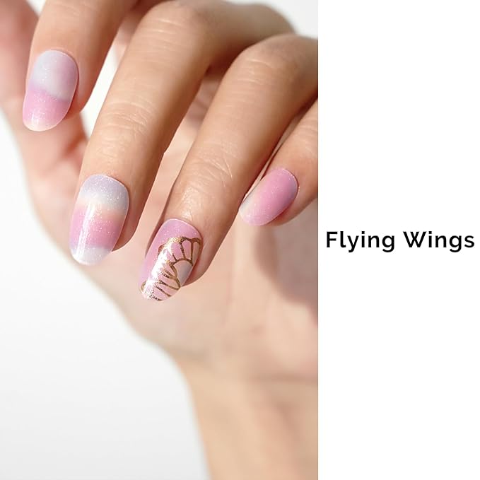 NAILOG 34 Pcs Rainbow Butterfly Gel Nail Strips - Pink Extra Long Nails with Glossy Gel Finishing for Spring Summer, Flying Wings