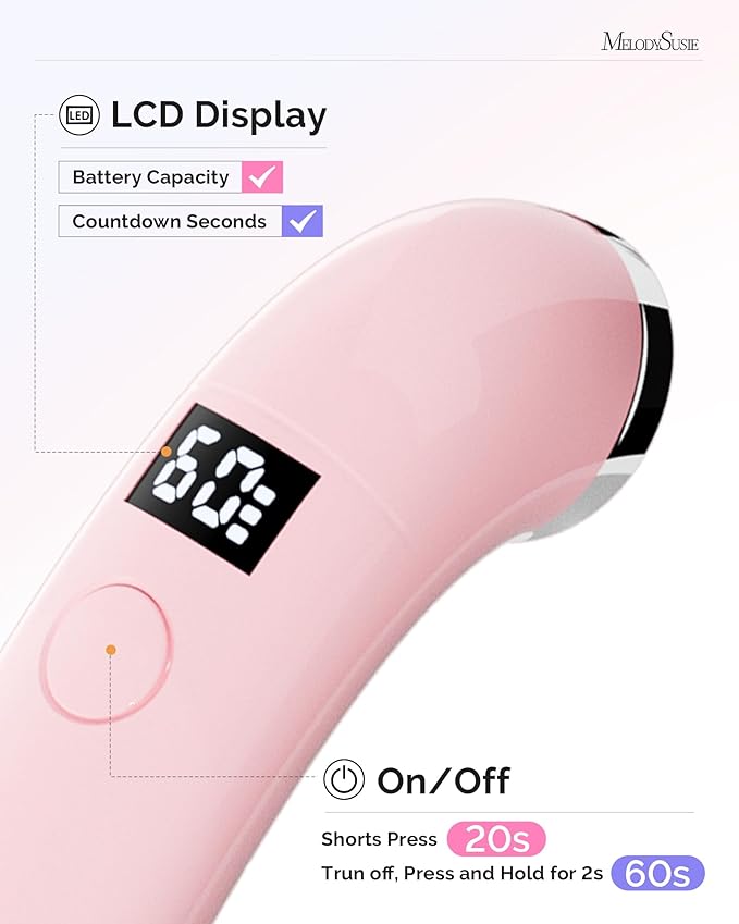 MelodySusie Handheld UV Light for Gel Nails, P-ART01A Cordless UV Nail Lamp with LCD Display& Ergonomic Design, Rechargeable LED Light Flash Cures Soft Gels, Rhinestone Glue & Liner Gel, Pink
