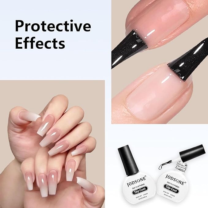 JODSONE 2Pcs 10ml No Wipe Gel Top Coat Clear Glossy Shine Finish Long Lasting No Soak Off Requires U V Lamp Curing Perfect for Salon and DIY Nail Art Design