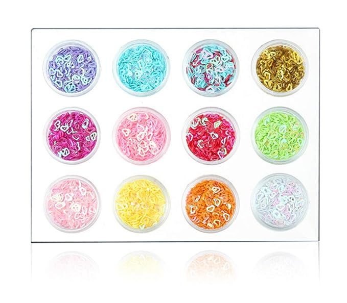 Valentine's Day Nail Art 3D Hollow Heart Pattern Glitter Flakes Sparkly Confetti Nail Art Sticker 12Colors