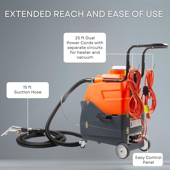Commercial Heated Carpet and Upholstery Extractor Cleaning Machine, 5.3-gal Recovery Tank, 1.34 HP Vacuum, 160 PSI Pump, 149°F Water, Professional Use