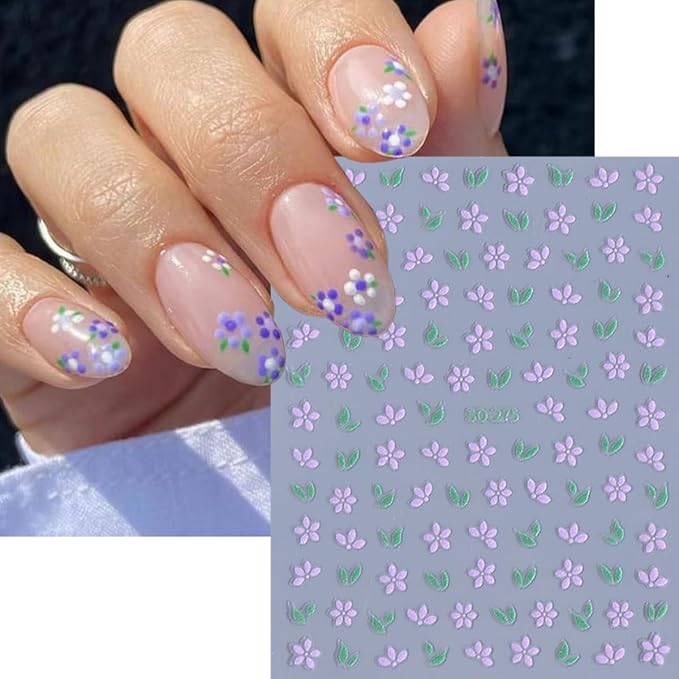 6 Sheets Flower Nail Stickers for Nail Art Pink Purple White Flowers Nail Decals French Line Bow Nail Art Stickers 3D Self-Adhesive Leaf Daisy Nail Decoration for Women Girls Nail Design Supplies