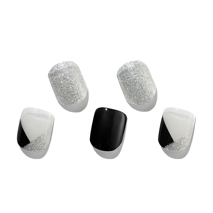 MOMSON Semi Cured Gel Nail Strips - 20 Real Gel Nail Polish Stickers/Full Nail Wraps for DIY at Home, Salon-Quality, Easy to Apply & Remove (Silver Glitter, White & Black)