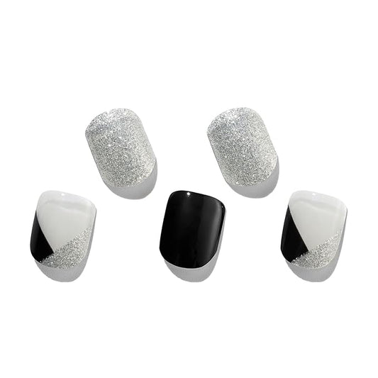 MOMSON Semi Cured Gel Nail Strips - 20 Real Gel Nail Polish Stickers/Full Nail Wraps for DIY at Home, Salon-Quality, Easy to Apply & Remove (Silver Glitter, White & Black)