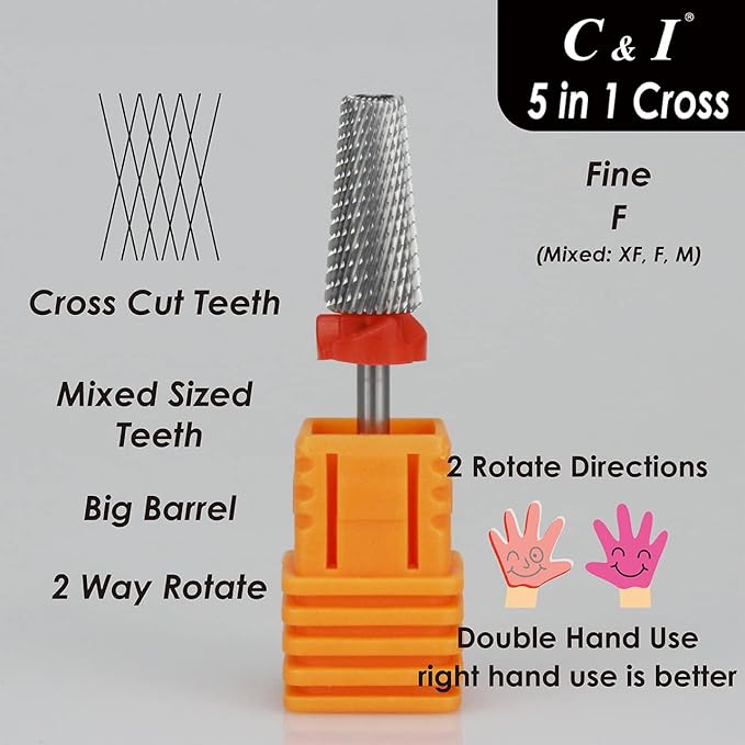 C & I 5 in 1 Multi-Function Tapered Shape Nail Drill, Cross Teeth Edition, Professional Drill Bit for Nail Manicure Machine (Fine - F)