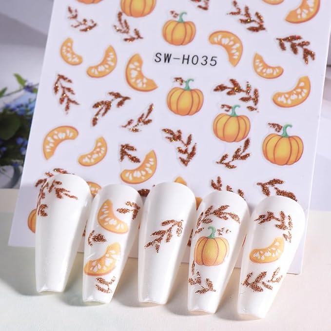 Fall Nail Art Stickers Autumn Leaf Pumpkin Nail Decals 3D Self-Adhesive Nail Art Supplies 6PCS Maple Leaves Pumpkin Nails Design Fall Stickers for Nails Women DIY Manicure Decorations Accessories
