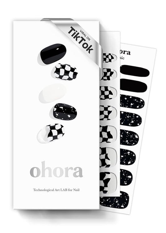 ohora Semi Cured Gel Nail Strips (N Checkers) - Dark, Patterned, Works with Any UV/LED Lamps, Salon-Quality, Long Lasting, Easy to Apply & Remove - Includes 2 Prep Pads, Nail File & Wooden Stick