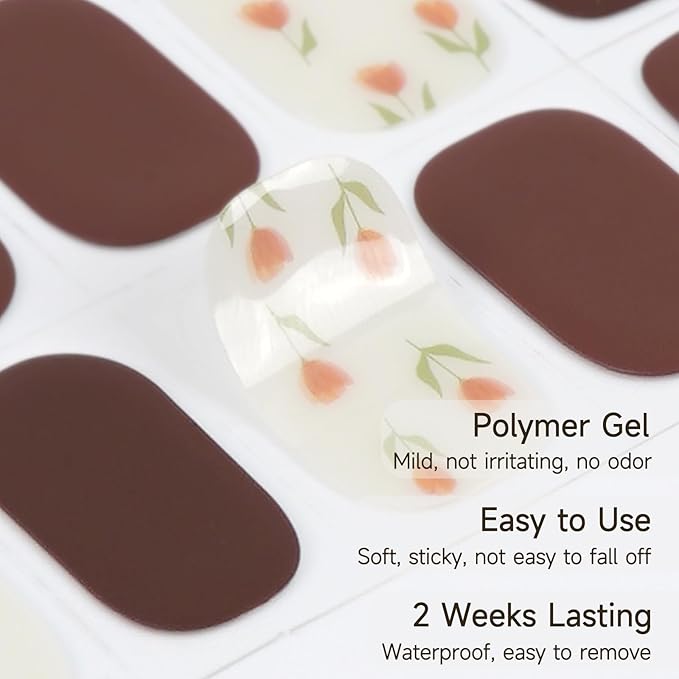 Semi Cured Gel Nail Strips, 28 pcs UV Gel Nail Stickers Full Nails Wraps for Women Home DIY Nails Art, UV Light Required(Tulip)