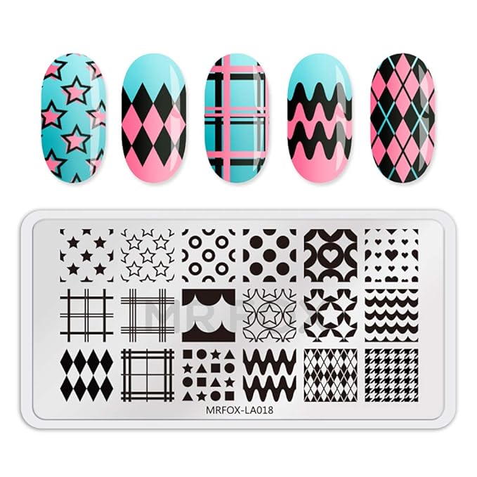 Mr.Fox Nail Printing Board Set Geometric Motif Lines Round Plaid Diamond Pattern Art DIY hot Stamping Template, etc