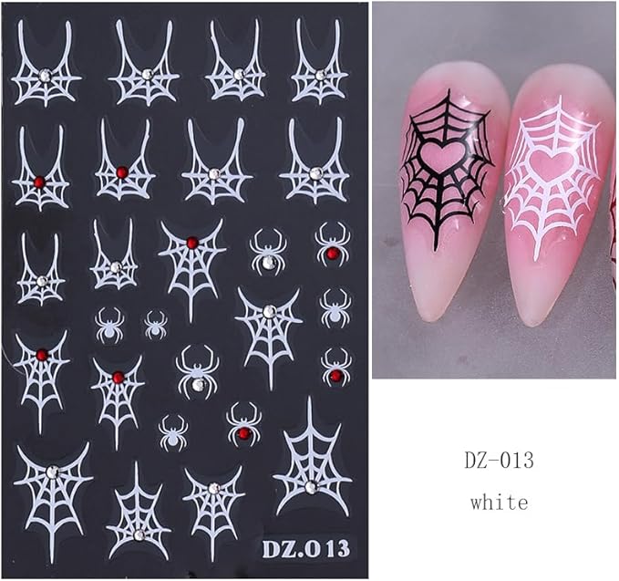 5 Sheets Halloween Nail Stickers for Nail Art, 5D Embossed Diamond Self-Adhesive Colorful Spider Web Nail Decals, Ghost Nail Supplies Design Accessories for Women and Girls Manicure DIY Decoration