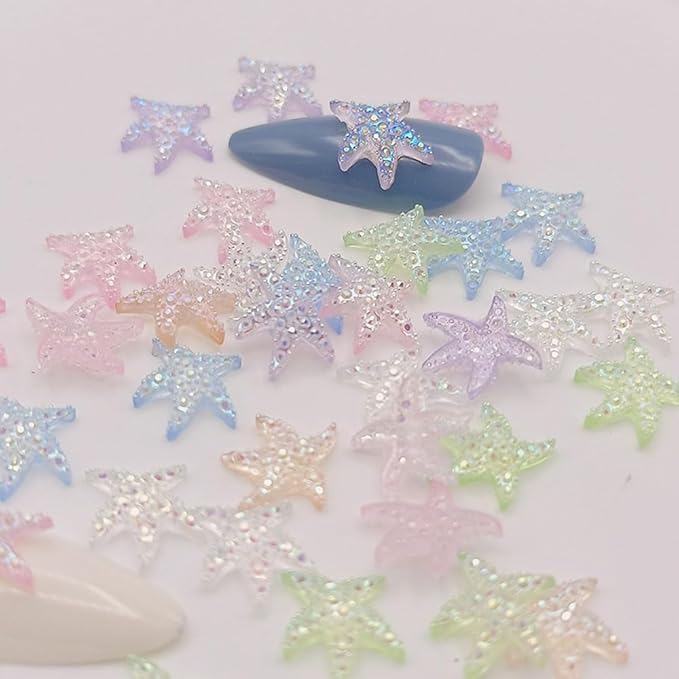 200PCS Iridescent Starfish Nail Art Rhinestones, Pastel Rainbow Colors, Mini Resin Decorations for Manicure