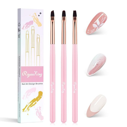 Nail Art Clean Up Brushes - 3Pcs Nail Art Brush Set with Flat/Oval/Fine Angled Gel Brush, Nail Extension Tool for Professional DIY Home Salon(Clear Pink)