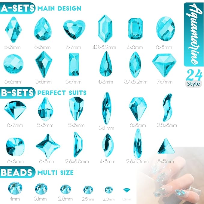 4 Boxes Aquamarine Nail Rhinestones Glitters 24 Shapes K9 Glass Lake Blue Gems Flatback Round Stones Diamonds Crystals Water Blue Nail Art Charms for Nails Face Eyes Makeup Crafts Tumblers