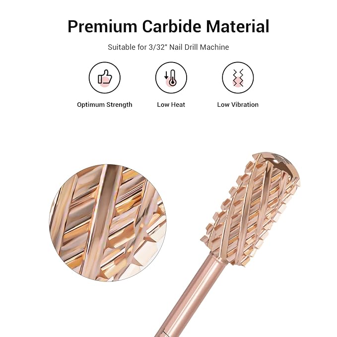 MelodySusie Safety Nail Drill Bits, 3/32'' Smooth Round Top Large Barrel Carbide Bits, Suitable for Manicure Pedicure Cuticle Gel Polishing, Beginners Bits, Rose Gold, Series Bit-S, Quadruple Coarse