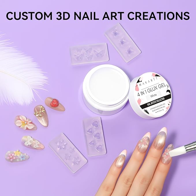 Makartt 3D Gel Nail Art: 4 in 1 White Solid Gel Builder Diy Kit for 15ML Nail Extension Gels, 4pcs Silicone Molds, 1 sculpture Brush, Nails Art Glue for Acrylic Nails Carving Manicure for Home Salon