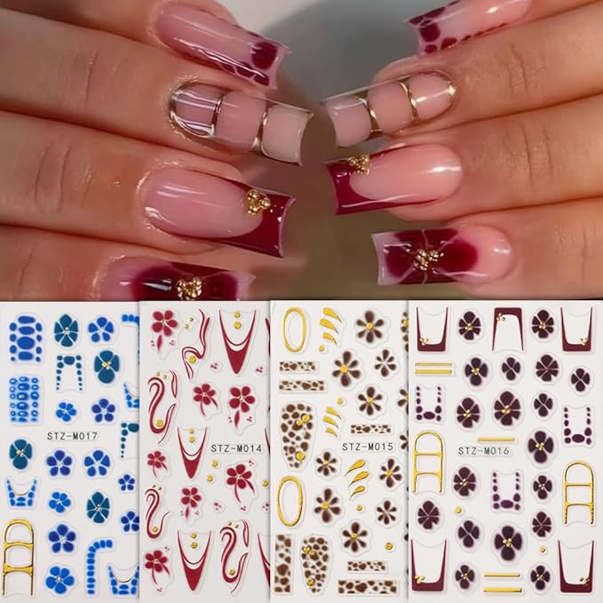 Flower Nail Art Stickers Decals French Tip Flower Nail Decals 4PCS Brown Wine Red Blue Flowers Petals Golden Circle Polka Dot Design Nails Adhesive Stickers for Women Fall Winter Nail Art Decorations
