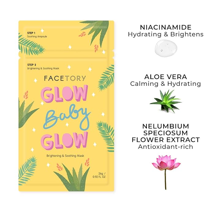 FACETORY K Beauty Face Mask Skin Care - Glow Baby Glow 2-Step Sheet Mask with Niacinamide & Aloe + Calming Ampoule | Hydrates, Glowing Skin (5 Pack)