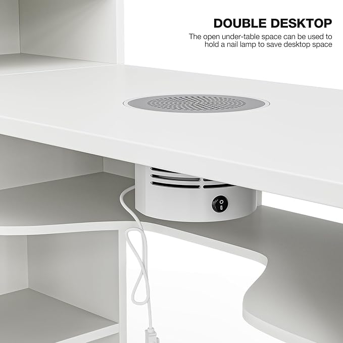 Manicure Table with Shelves, L-Shaped Nail Table Station w/Electric Downdraft Vent, Foldable Nail Arm Rest, Storage Cabinets, Drawers, Metal Handles & Legs for Nail Tech(White)