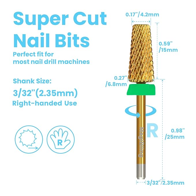 Super Cut Tapered Barrel Nail Drill Bits, 3/32'' Professional Tungsten Carbide Bits, Remove Hard Gel Fast, Right Hand, Suitable for Long Acrylic Nails Gel Polishing, Coarse.