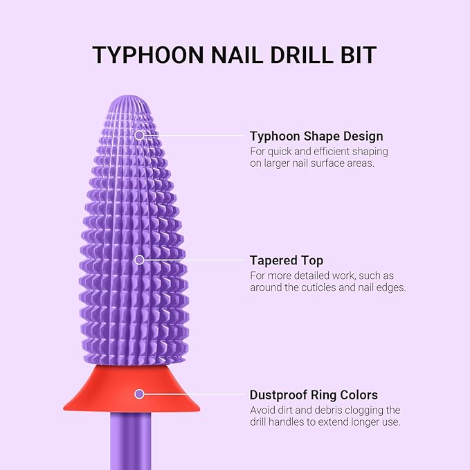MelodySusie Typhoon Nail Drill Bits, 3/32'' Carbide Tungsten Multi-function Bits, Fast Remove Acrylic or Hard Gel for Manicure Pedicure Salon Professional or Beginner, Purple, Fine