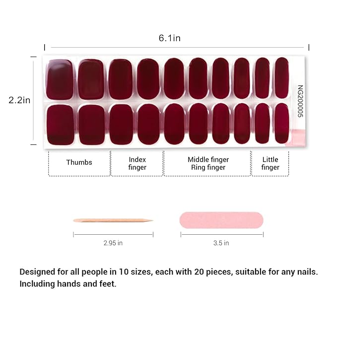 20pcs Semi Cured Gel Nail Strips, Real Nail Polish Art Stickers, Burgundy Gel Nail Stickers - Work with Any UV Lamp, Long Lasting Full Wraps with Nails File and Stick