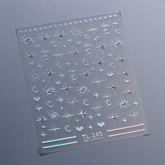 5D Embossed Star Moon Nail Art Stickers Decals Self Adhesive Nail Decals Aurora Star Moon Nail Stickers with Rhinestone Designs Manicure Sliders for Women DIY Nail Art Decorations