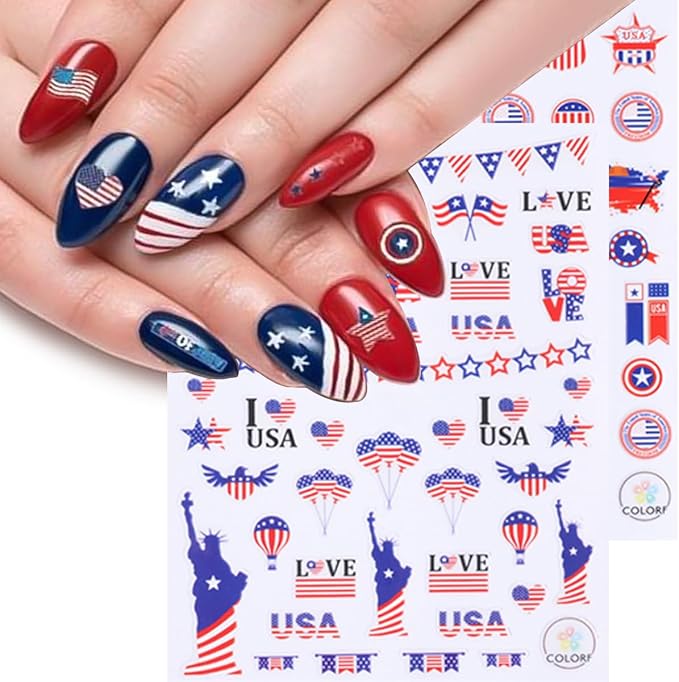 6 Sheets 4th of July Nail Art Stickers 3D Self Adhesive Independence Day Nail Stickers American Flag Patriotic Design Sticker Supplies Pegatinas Uñas Firework Nail Sticker for Women Acrylic Manicure
