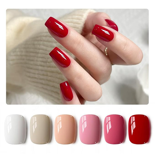 GAOY Pink Red White Gel Nail Polish Set, 6 Colors Beige Nude Soak Off UV Light Cure Gel Polish Kit for Salon and Nail Art DIY at Home