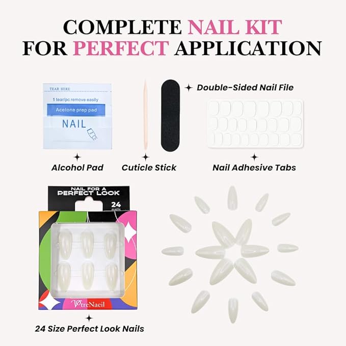 Perfect Look Press On Nails - Glazed Pearl | No Glue One-Day Medium Almond Fake Nails, Sheer White Nails with Gloss Finish - 24 Pcs Nail Kit with Adhesive Tabs