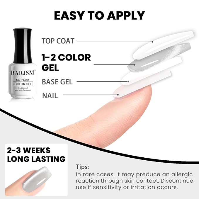 RARJSM Silver Cat Eye Gel Nail Polish Ceramic Translucent Clear White Velvet Glitter Diamond Cateye Gel Polish 15ml Single Bottle with Magnet Stick UV LED Curing Requires Soak Off for Home Salon