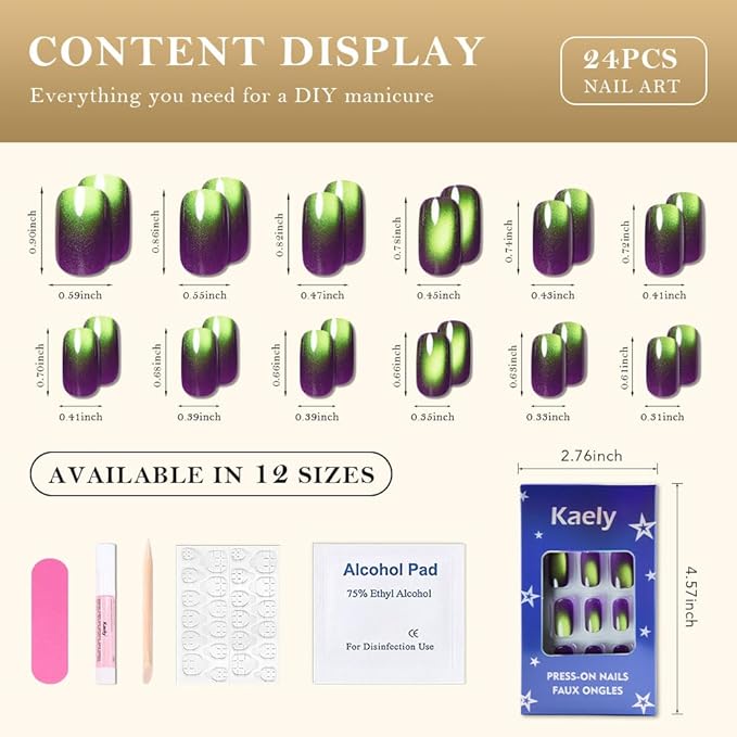 Green Reflective Cat Eye Press on Nails Medium Square, Medium Square Press Glue on Nails Chrome for Women, Green Holographic Glitter Glossy Reusable Gel Acrylic Fake Nail with Designs Cateye Effect
