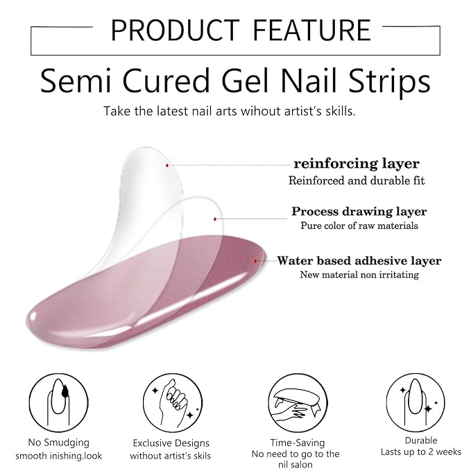 WOKOTO 1 Sheet Semi Cured Gel Nail Strips With Wood Stick, Nail File & Prepared Pads, 20 Tips Pink Flowers Semi Cured Nail Polish Strips, Harden With UV Light Gel Nail Wraps Stickers For Women Girls