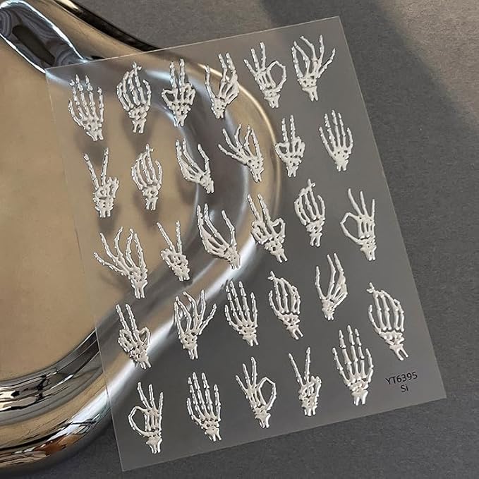 2 Sheets 5D Halloween Nail Stickers for Nail Art Self-Adhesive Embossed Hand Bones Nail Art Stickers Gold Silver Horror Hand Bone Nail Decals Halloween Nail Design Sticker for Women DIY Manicure