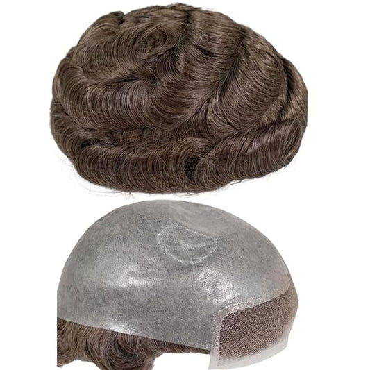 Human Hair Toupee for Men 10x8 Inch,European Human Hair Lace Front Natural Hairline Hair Pieces with 0.06mm Thin Skin PU V-looped Men's Hair Replacement System (#7 color,100% human hair)