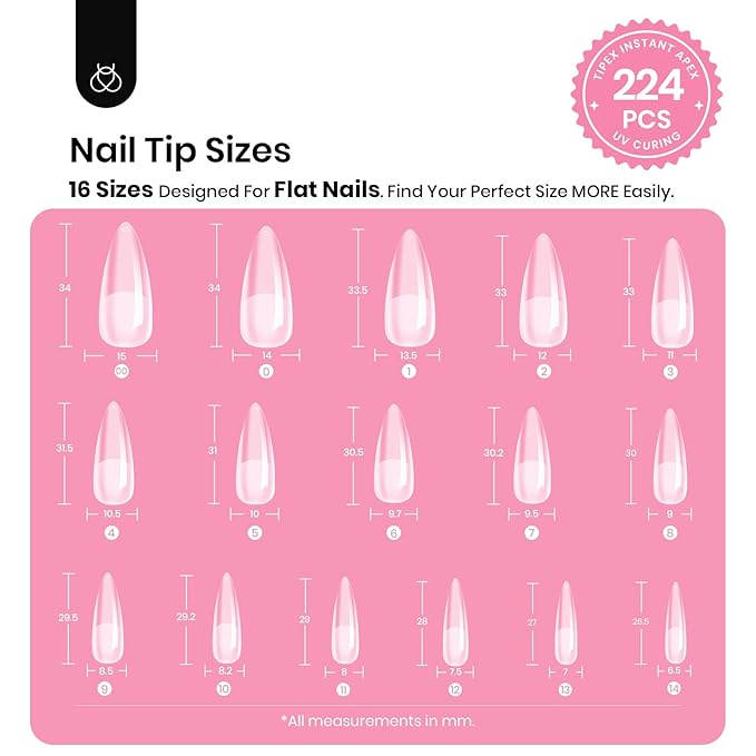 Beetles Tipex Instant Apex Nail Tips Kit, Stiletto Long, 224pcs 16 Sizes, with Tipex UV Nail Glue Mini Nail Lamp,Pre-Building Pre-Etched Strong Thicker Acrylic Nail Tips Set