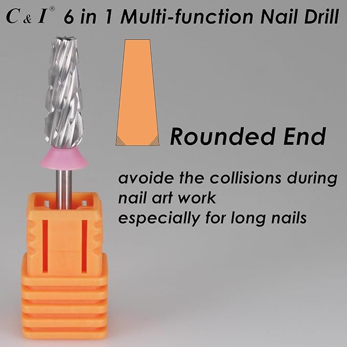 C & I Nail Drill Bit 6 in 1 Multi-function Rounded End E File, Tungsten Steel CNC Overall Cutting, Manicure Tool for Nail Tech Quick Remove Nail Gels, Acrylic Nails (Original, Triple Coarse -3XC)