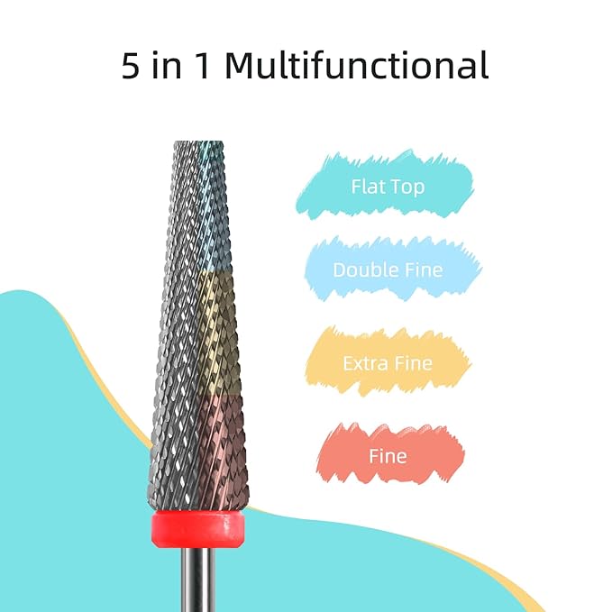 5 in 1 Nail Drill Bits, 24mm Flat Top Tapered Professional Tungsten Carbide Bit for Gel Polish & Base Removal, Electric File Manicure Drills Accessories Tool,F