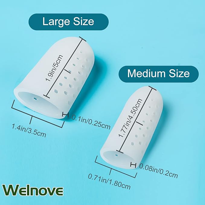 Welnove Pack of 16 Toe Protectors, Gel Toe Caps, Breathable Toe Sleeves, Pain Relief and Prevention for Corns, Blisters and Ingrown Toenails (10 Large for Big Toes + 6 Medium for Small Toes) - White