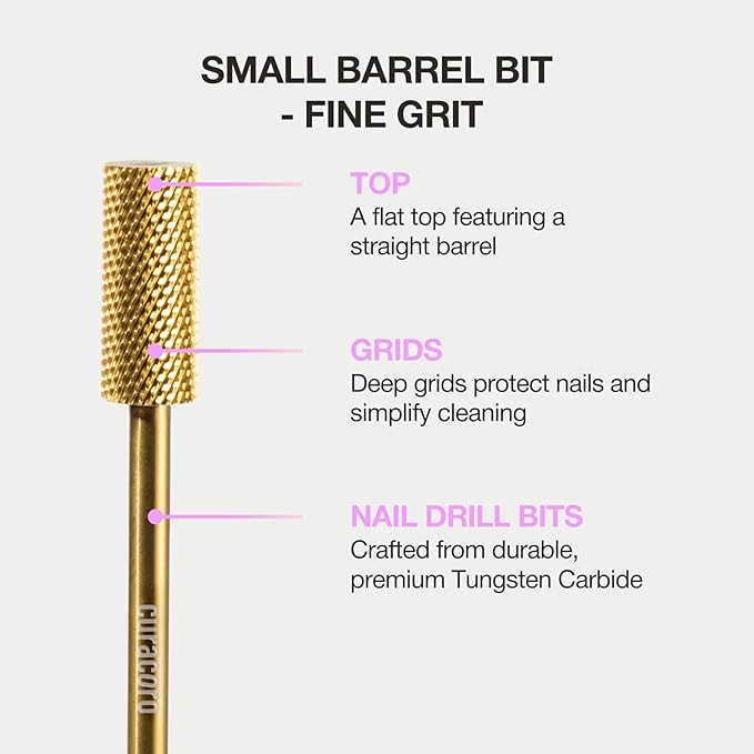 Curacoro Nail Drill Bits 3/32'' - Small Barrel Carbide Bit (Fine) for Professional Finish, Gently Remove, Buff & Polish Gel Nails, Nail Art Pedicure Manicure Salon & Home