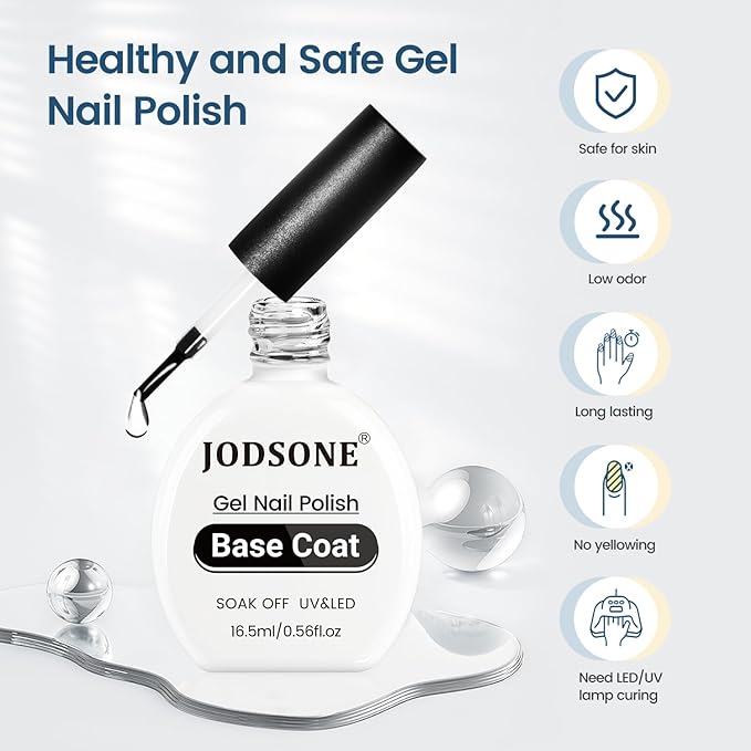 JODSONE 16.5ml Base Coat Gel No Wipe Long Lasting Streak-Free Shine Clear Base Gel Nail Polish Need U V Lamp Cured at Home DIY Nail Salon Girl Gift