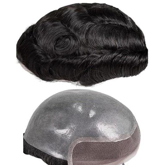 Human Hair Toupee for Men 10x8 Inch,European Human Hair Lace Front Natural Hairline Hair Pieces with 0.06mm Thin Skin PU V-looped Men's Hair Replacement System (#1b off black color,100% human hair)