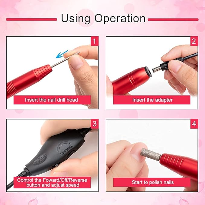 Electric Nail Drill, Professional Portable Nail Drill for Acrylic Nails, Portable Electric Nail File Kit with Drill Bits and Sanding Bands,Manicure Pedicure for Polishing,Nail Removing(Red)