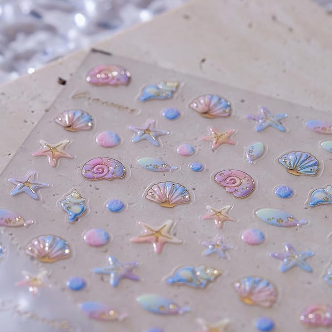 5D Embossed Ocean Nail Art Stickers Decals Self Adhesive Seashell Starfish Nail Decals Sea Creature Designs Summer Nail Stickers Marine Life Manicure Sliders for Women DIY Nail Art Decorations