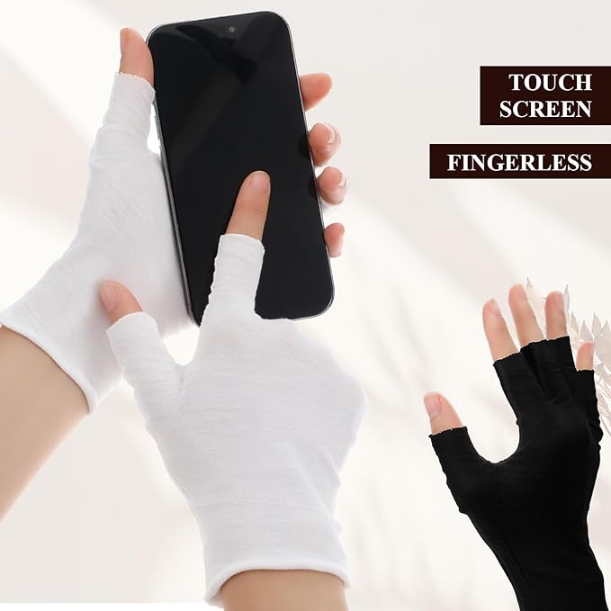 7 Pairs 100% Cotton Gloves, Black Breathable Moisturizing Night Glove for Dry Hands & Overnight Care, Fingerless Design Touchscreen-Friendly Gloves for Women & Men