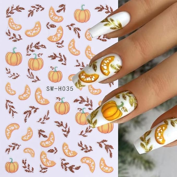 Pumpkin Nail Art Stickers Fall Maple Leaf Nail Decals 6PCS Maple Leaves Pumpkin Nails Design 3D Self-Adhesive Nail Art Supplies Fall Stickers for Nails Thanksgiving Day Women DIY Manicure Decorations