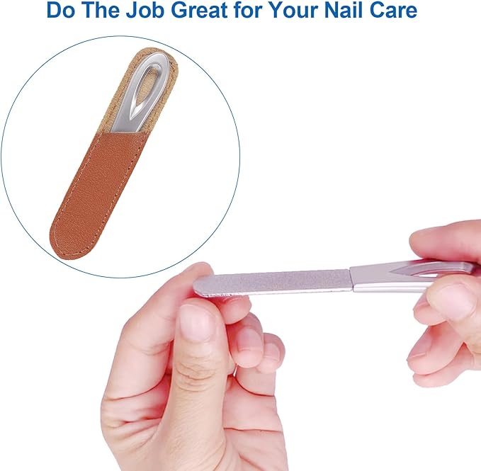 Metal Nail File with Case, 2 Pack Nail Files for Natural Nails, Fingernail Files Diamond Round Tip Stainless Steel Double Sided Fine Grit Sapphire Filer with Sheath Leather Cases Travel Silver Brown