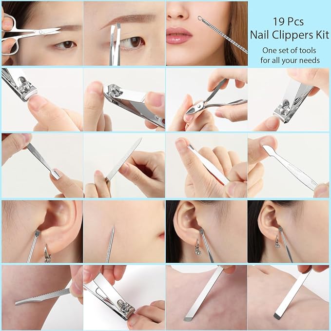 19 Pcs Nail Clippers Set, Stainless Steel Manicure & Pedicure Kit, Professional Finger Nail Trimming & Grooming Kit for Men and Women