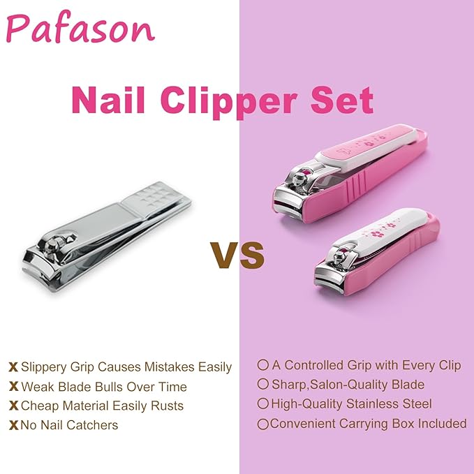 PAFASON Ultra Sharp Stainless Steel Nail Clipper Trimmer Cutter Set with Built-in Nail Catcher & Nail File 2 Pack Fingernail & Toenail Clippers for Men & Women