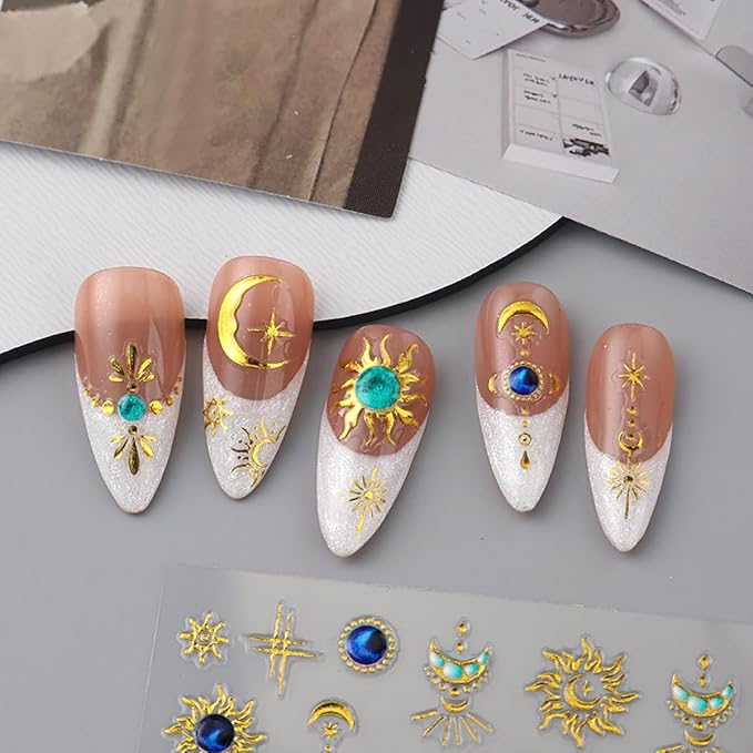 Gold Silver Star Sun Moon Nail Stickers for Nail Art 3D Self-Adhesive Stars Sun Moon Nail Tip Decals Spring Summer Fall Daily Design Manicure Decoration Accessories Stickers for Women DIY Nails