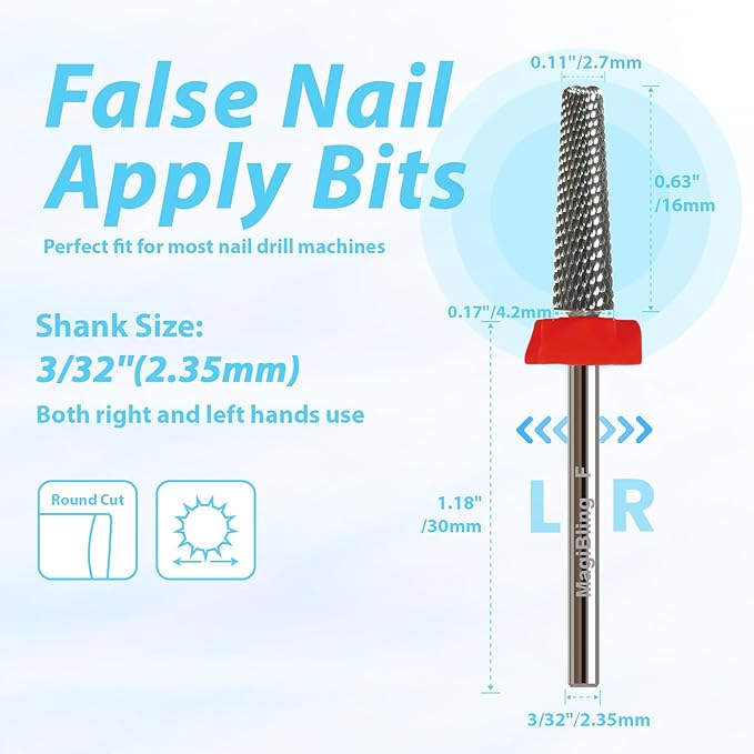 16mm 5 in 1 Nail Drill Bits for False Nail Apply, 3/32'' Tapered Tungsten Carbide Professional Bit, Slender Bit for Corners, Left & Right Hand Use, Manicure Cuticle Gel Polishing, Fine.